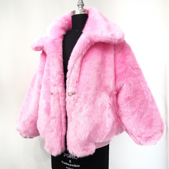 Revolve Brognano Barbiecore Pink Faux Fur Maxamilist Oversized Bomber Jacket - Picture 6 of 10
